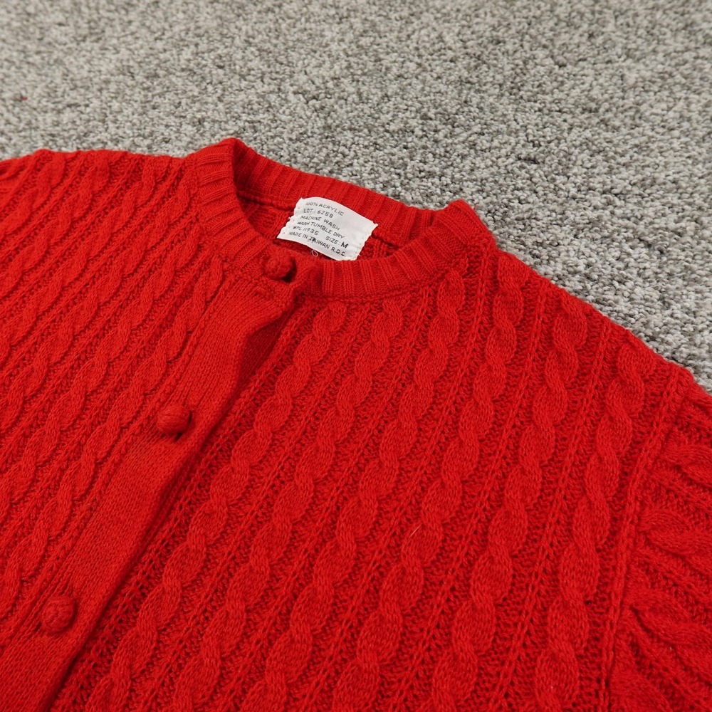 VTG Cable Knit Cardigan Womens M Red Button Front Aran 3D Fisherman Sweater 80s